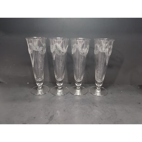 Chintz Etched Pilsner Glasses Set of 4, 10 oz Footed Glasses, Glassware, Flaw - Picture 3 of 11